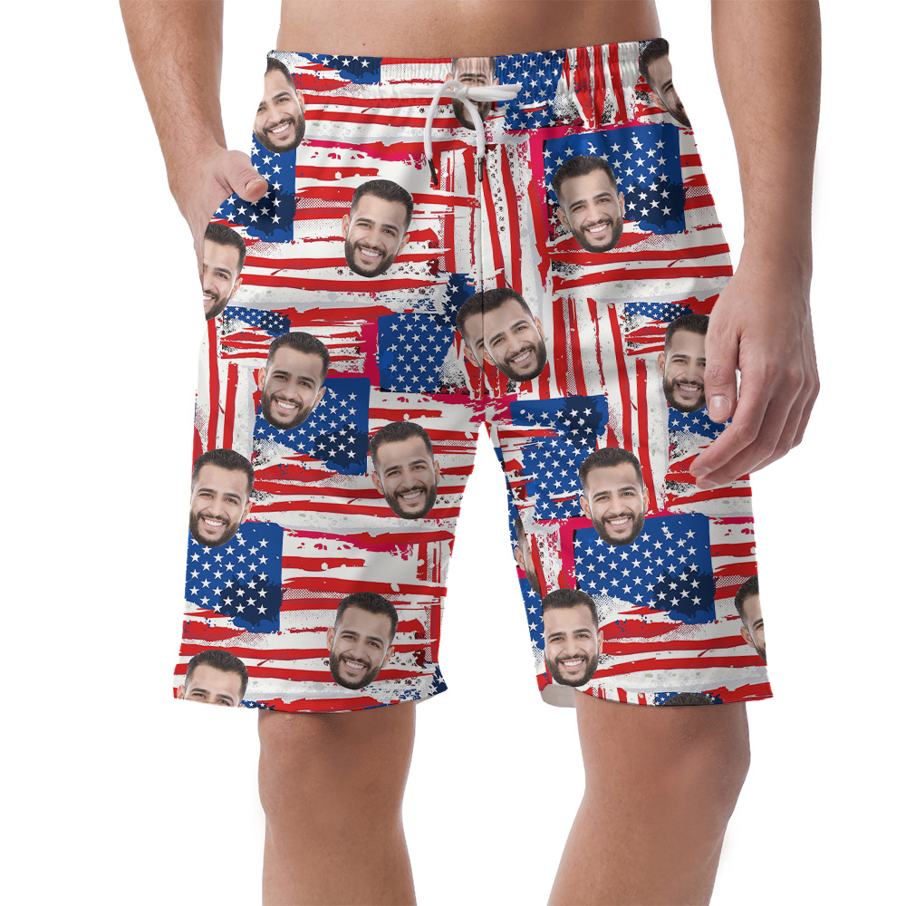 Custom 1-4 Faces 4th Of July American Flag Men's Hawaiian Beach Shorts - variant image 1
