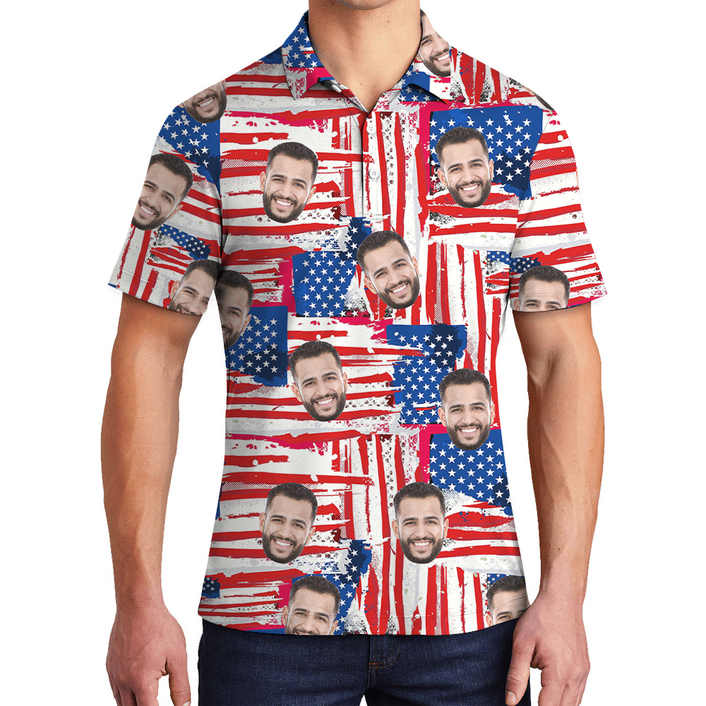 American Flag 4th Of July Men's Hawaiian Polo Shirt With Custom Face - variant image 1