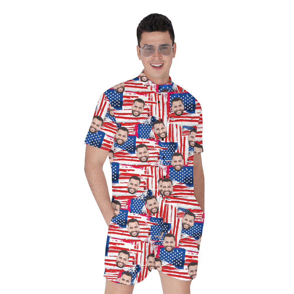 American Flag 4th Of July Custom Face Men's Hawaiian Romper - variant image 1