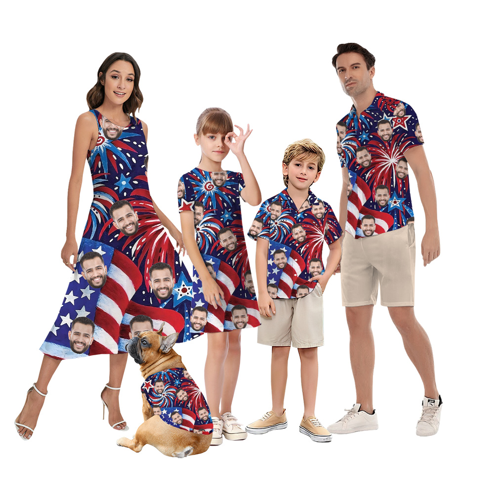 American Flag Firework 4th Of July Custom Face Matching Family Hawaiian Outfits - variant image 1