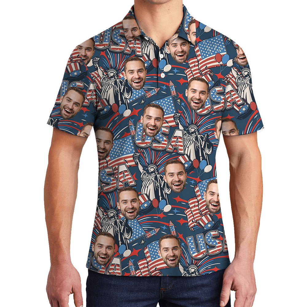 Custom 1-4 Faces America Independence Day Hula Men Polo Shirt - variant image 1