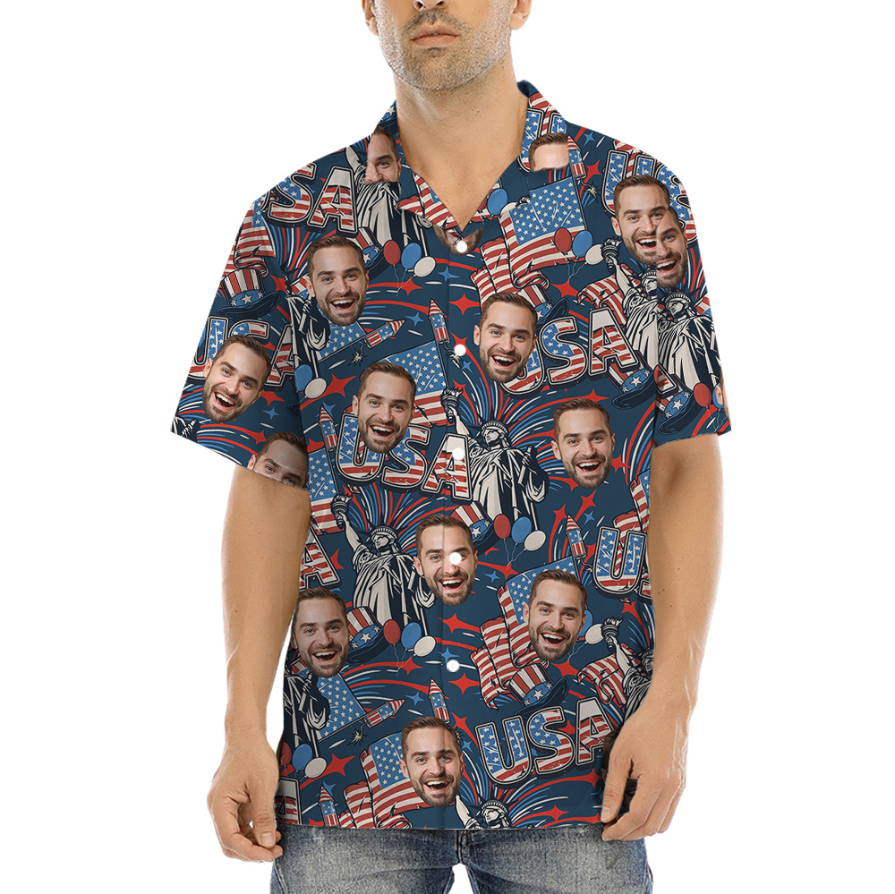 Custom 1-4 Faces America Independence Day Hawaiian Men Shirt - variant image 1