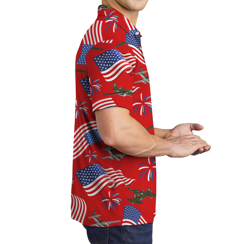 4th Of July American Aircraft Firework Red Polo Shirt For Men