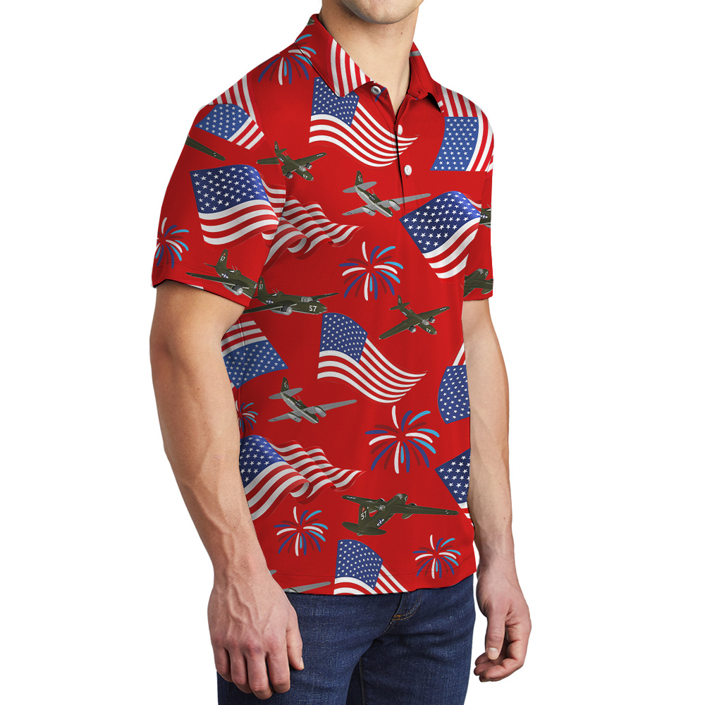 4th Of July American Aircraft Firework Red Polo Shirt For Men