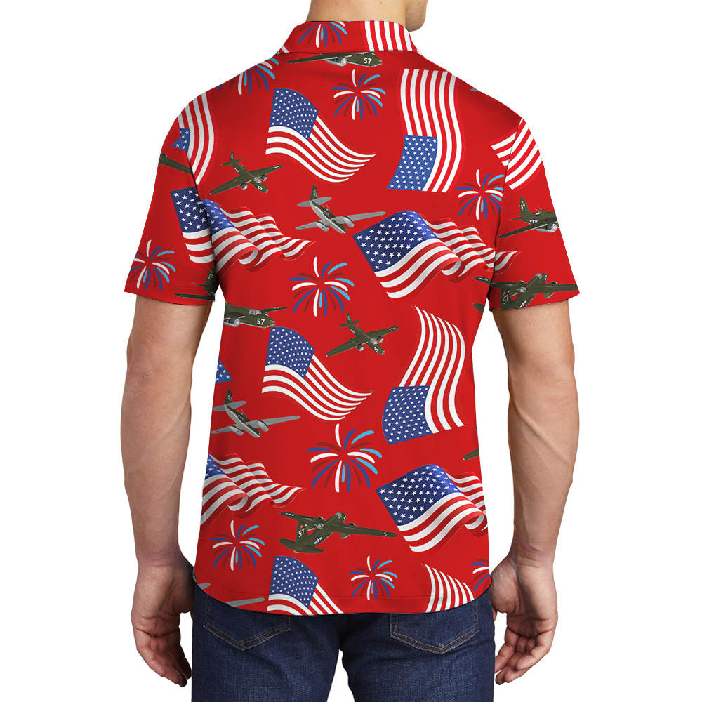 4th Of July American Aircraft Firework Red Polo Shirt For Men