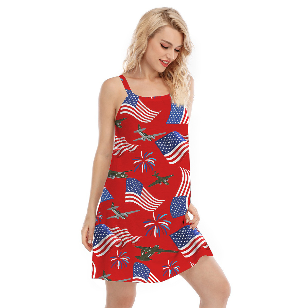 4th Of July American Planes Red Cami Dress