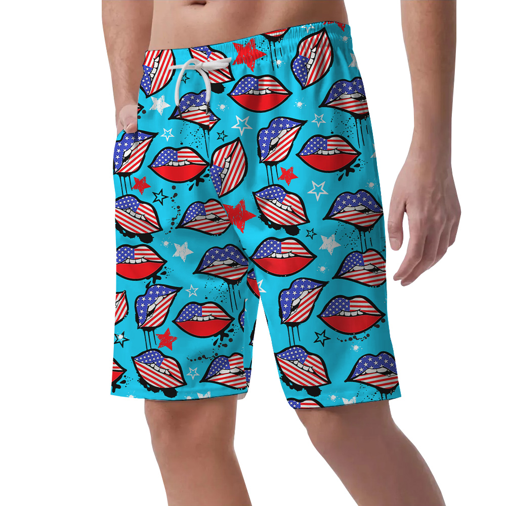 American Sexy Lips 4th Of July Hawaiian Beach Shorts For Men
