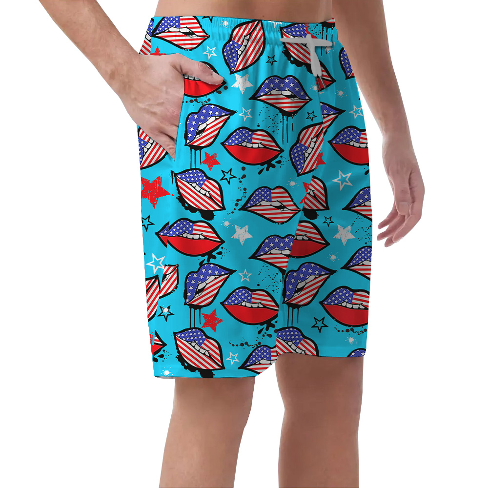 American Sexy Lips 4th Of July Hawaiian Beach Shorts For Men