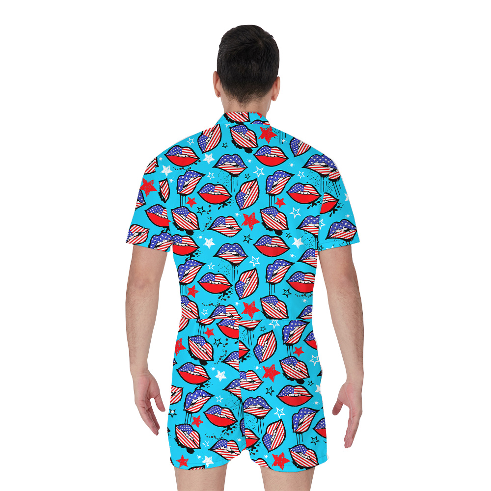 Funny American Sexy Lips 4th Of July Men's Hawaiian Romper
