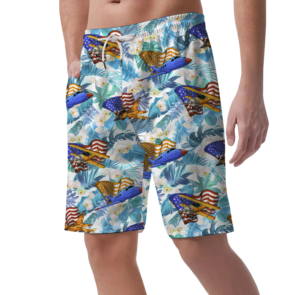 Tropical Bomber Planes American Flag Men's Hawaiian Beach Shorts