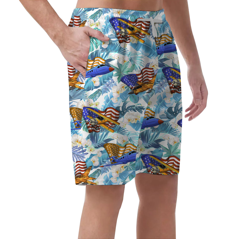 Tropical Bomber Planes American Flag Men's Hawaiian Beach Shorts