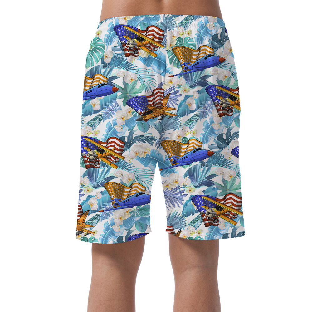 Tropical Bomber Planes American Flag Men's Hawaiian Beach Shorts