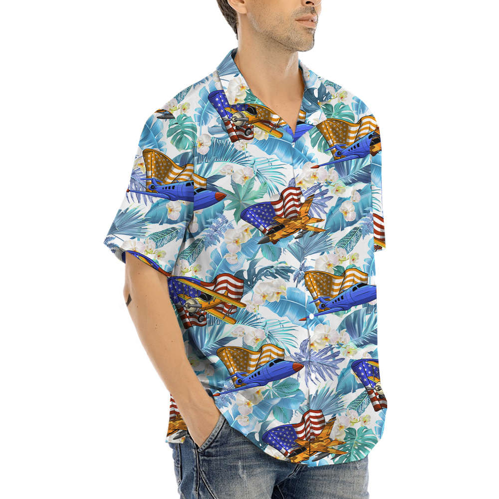 American Flag Air Planes Tropical Hula Shirt