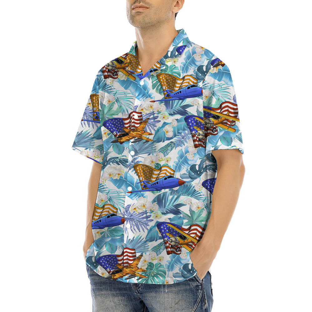 American Flag Air Planes Tropical Hula Shirt