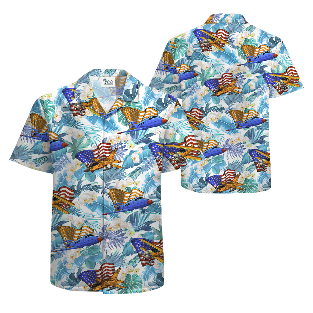 American Flag Air Planes Tropical Hula Shirt