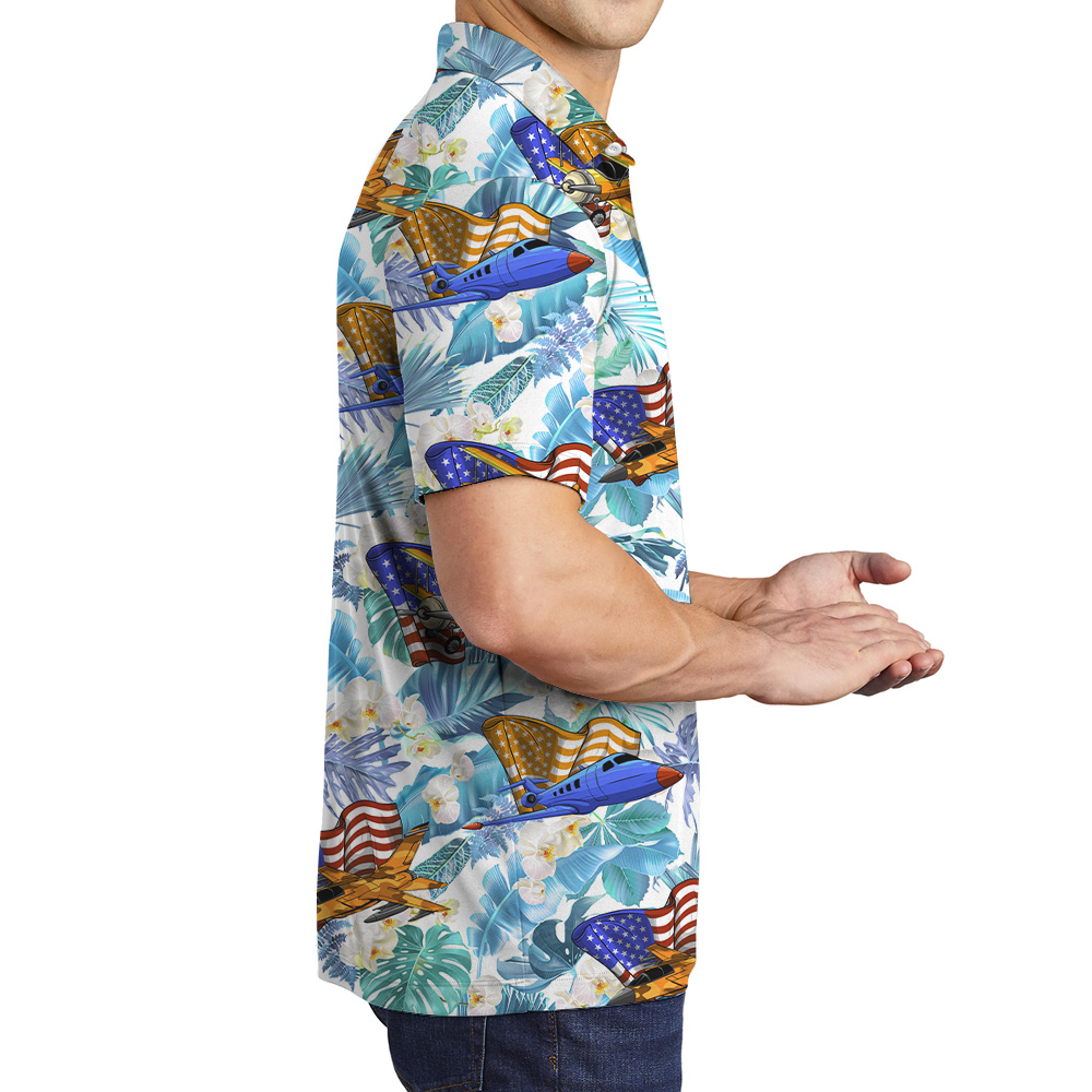 Cool Aircrafts American Flag Floral Men's Hawaiian Polo Shirt