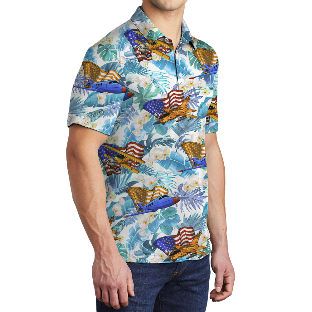 Cool Aircrafts American Flag Floral Men's Hawaiian Polo Shirt