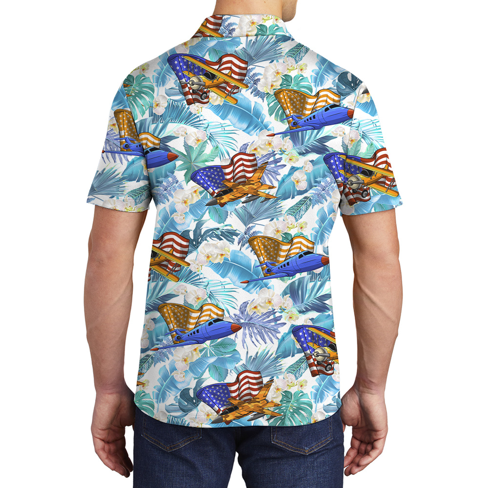 Cool Aircrafts American Flag Floral Men's Hawaiian Polo Shirt