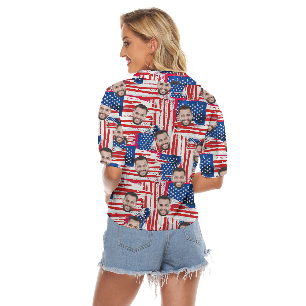 Custom 4th Of July American Flag Women's Cropped Shirt With 1-4 Faces