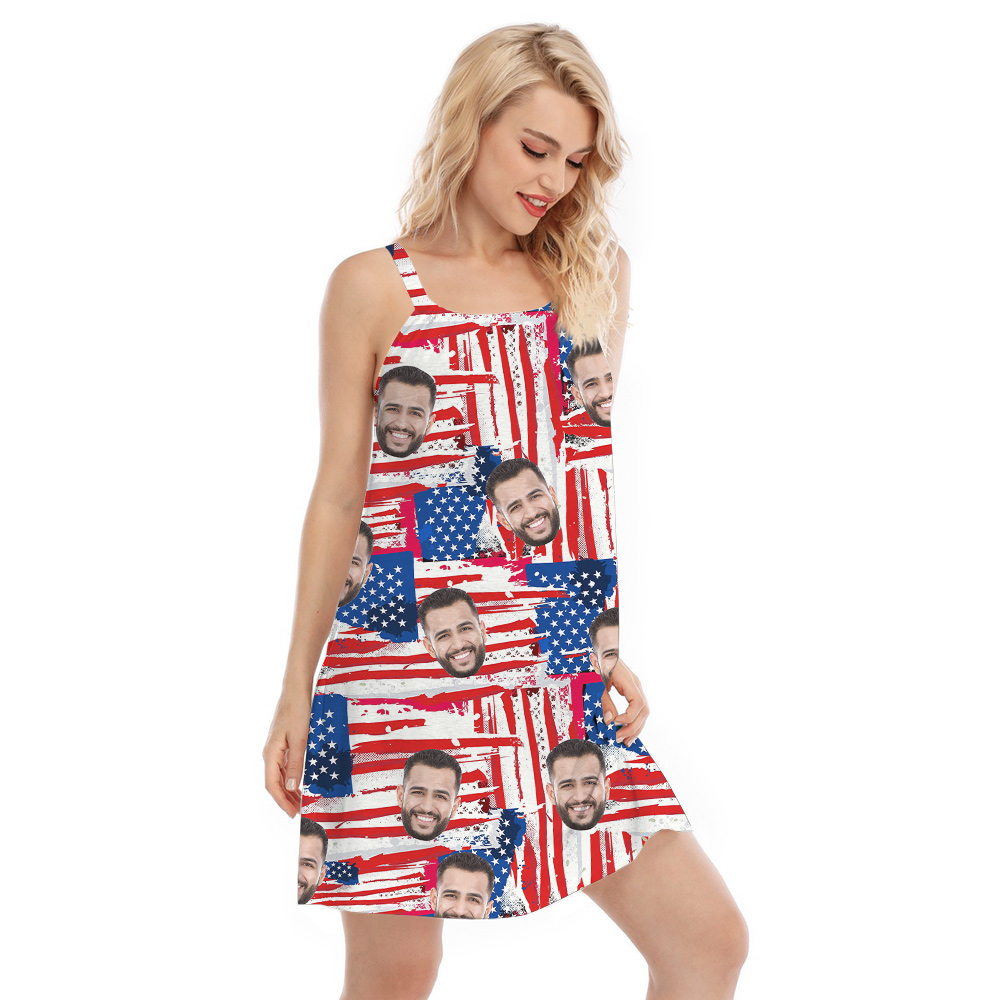 American Flag 4th Of July Women's Cami Dress With Custom Face