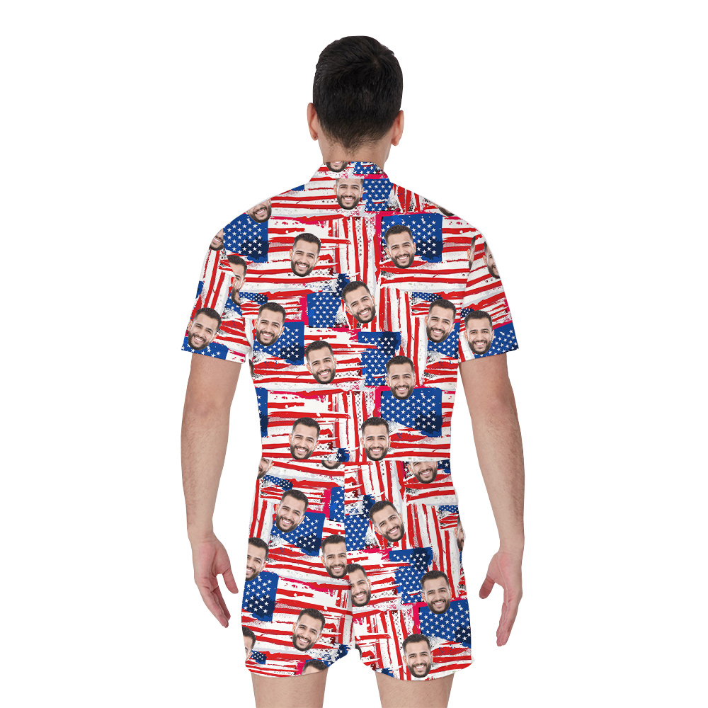 American Flag 4th Of July Custom Face Men's Hawaiian Romper
