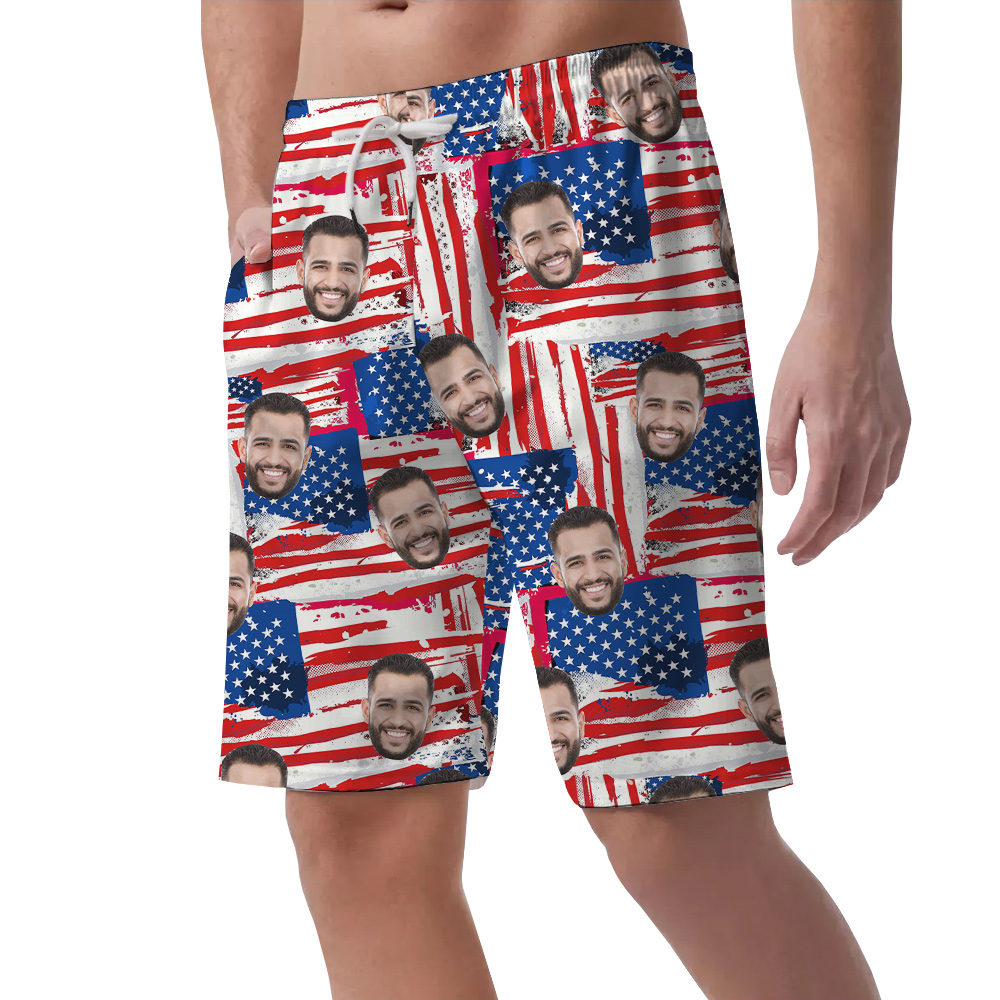 Custom 1-4 Faces 4th Of July American Flag Men's Hawaiian Beach Shorts