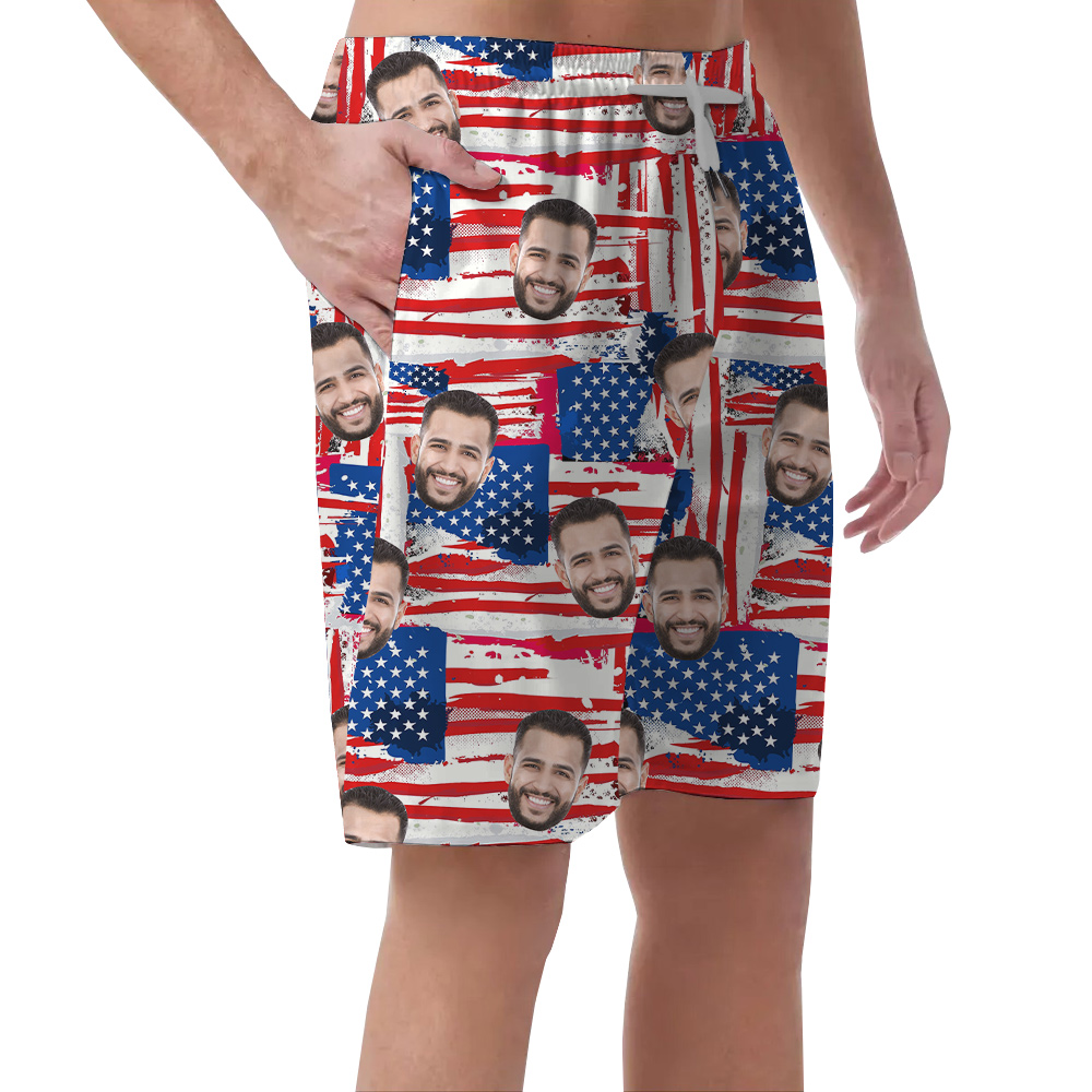 Custom 1-4 Faces 4th Of July American Flag Men's Hawaiian Beach Shorts