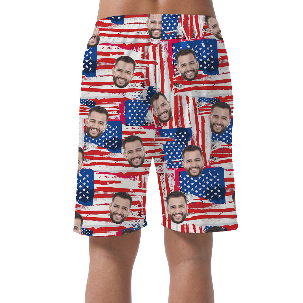 Custom 1-4 Faces 4th Of July American Flag Men's Hawaiian Beach Shorts