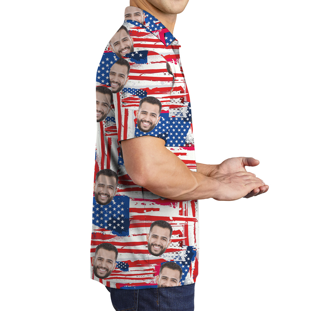 American Flag 4th Of July Men's Hawaiian Polo Shirt With Custom Face