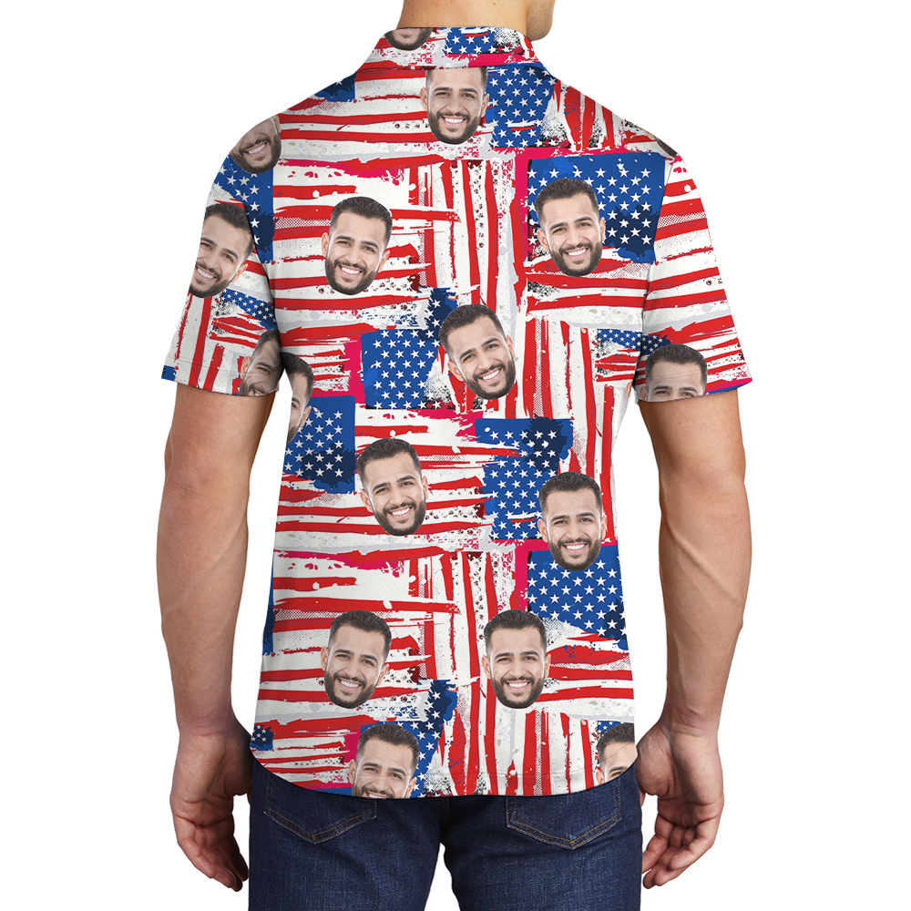 American Flag 4th Of July Men's Hawaiian Polo Shirt With Custom Face