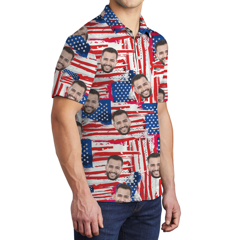 American Flag 4th Of July Men's Hawaiian Polo Shirt With Custom Face