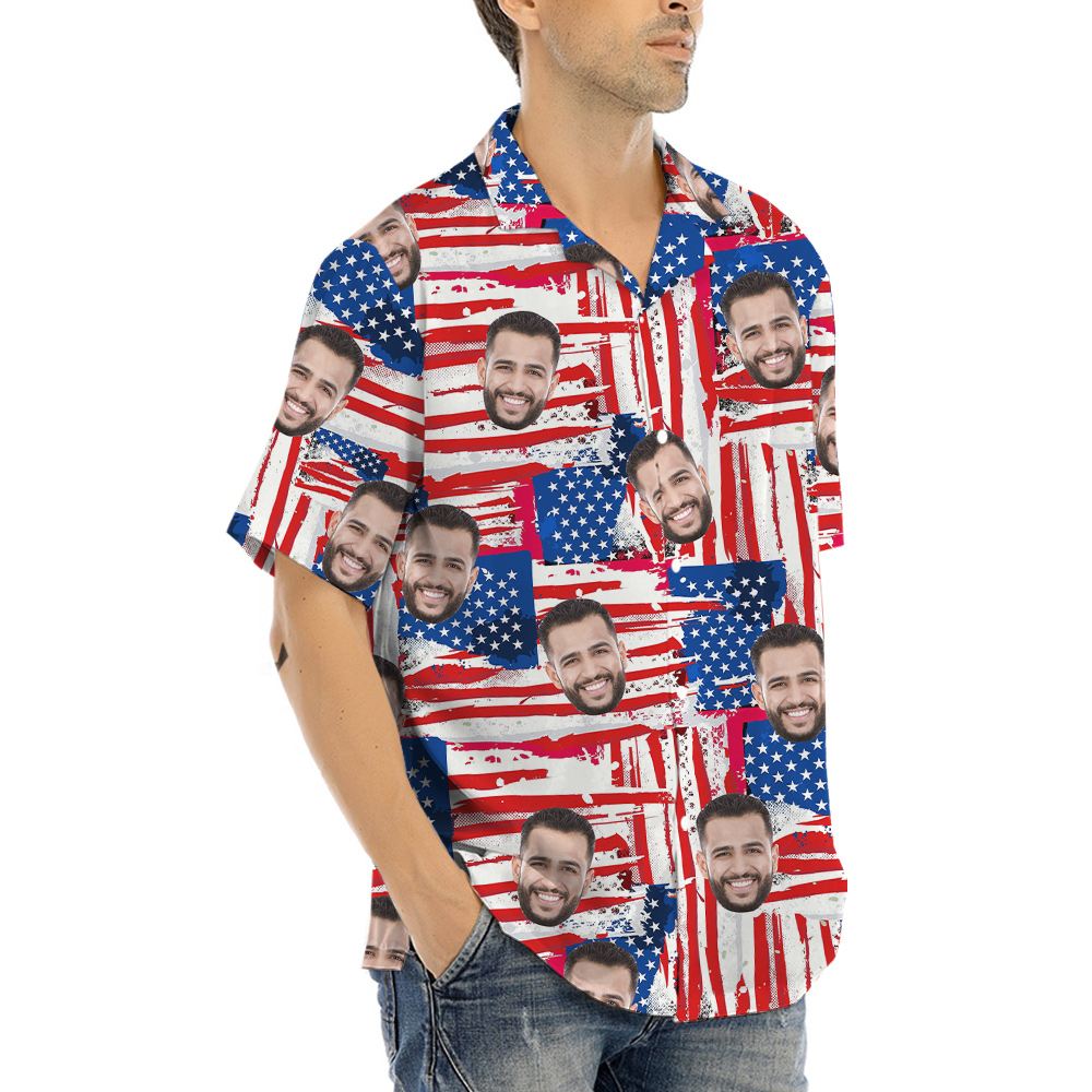 Funny Custom Face American Flag Aloha Shirt