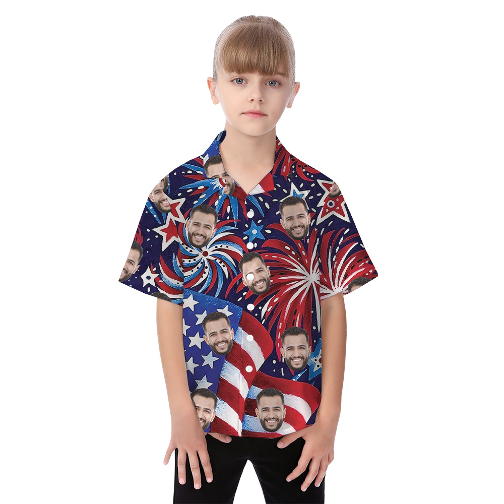 American Flag Firework 4th Of July Custom Face Matching Family Hawaiian Outfits