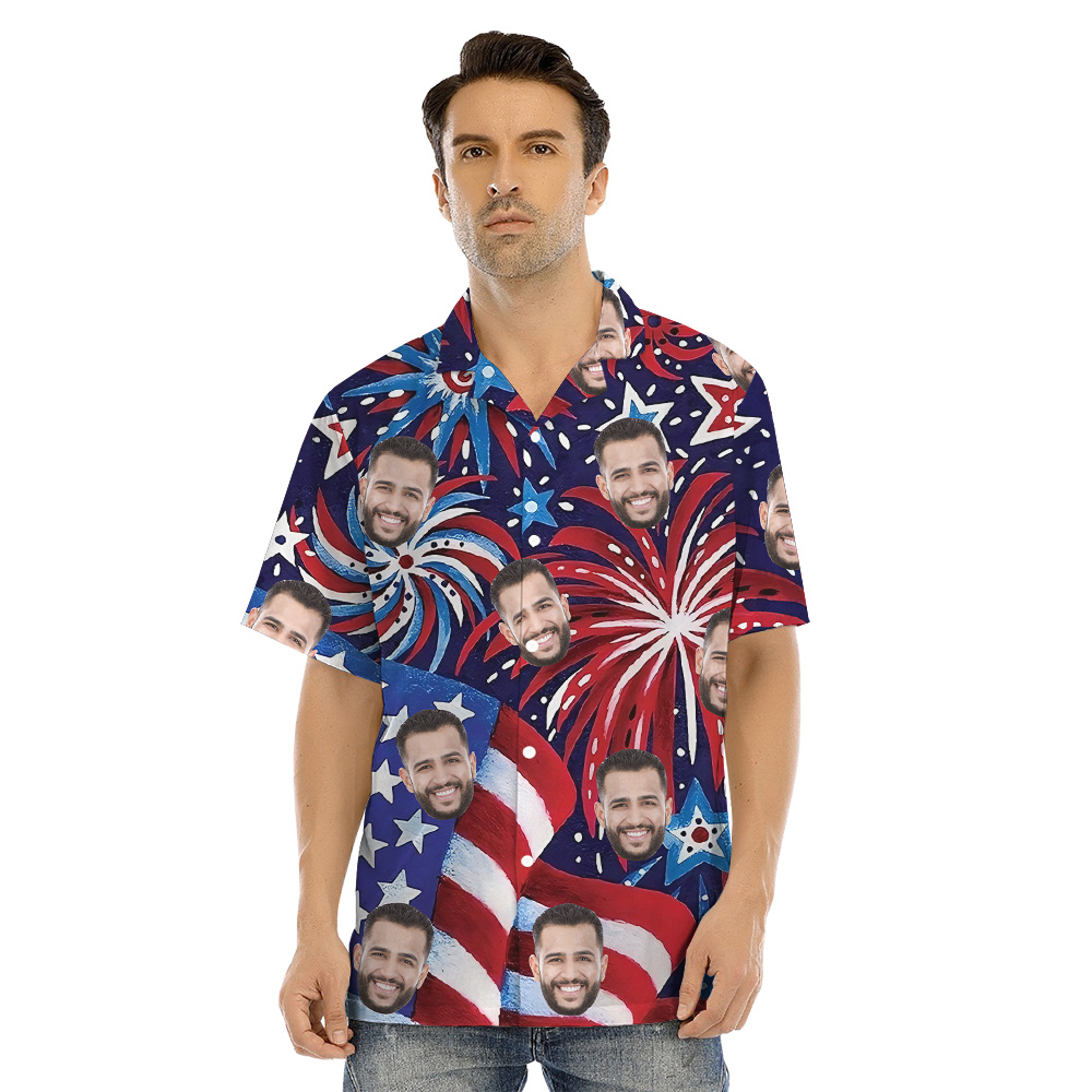 American Flag Firework 4th Of July Custom Face Matching Family Hawaiian Outfits