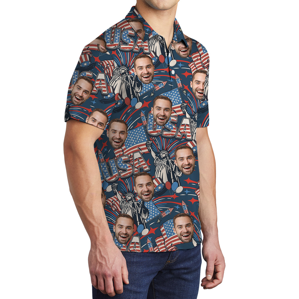 Custom 1-4 Faces America Independence Day Hula Men Polo Shirt