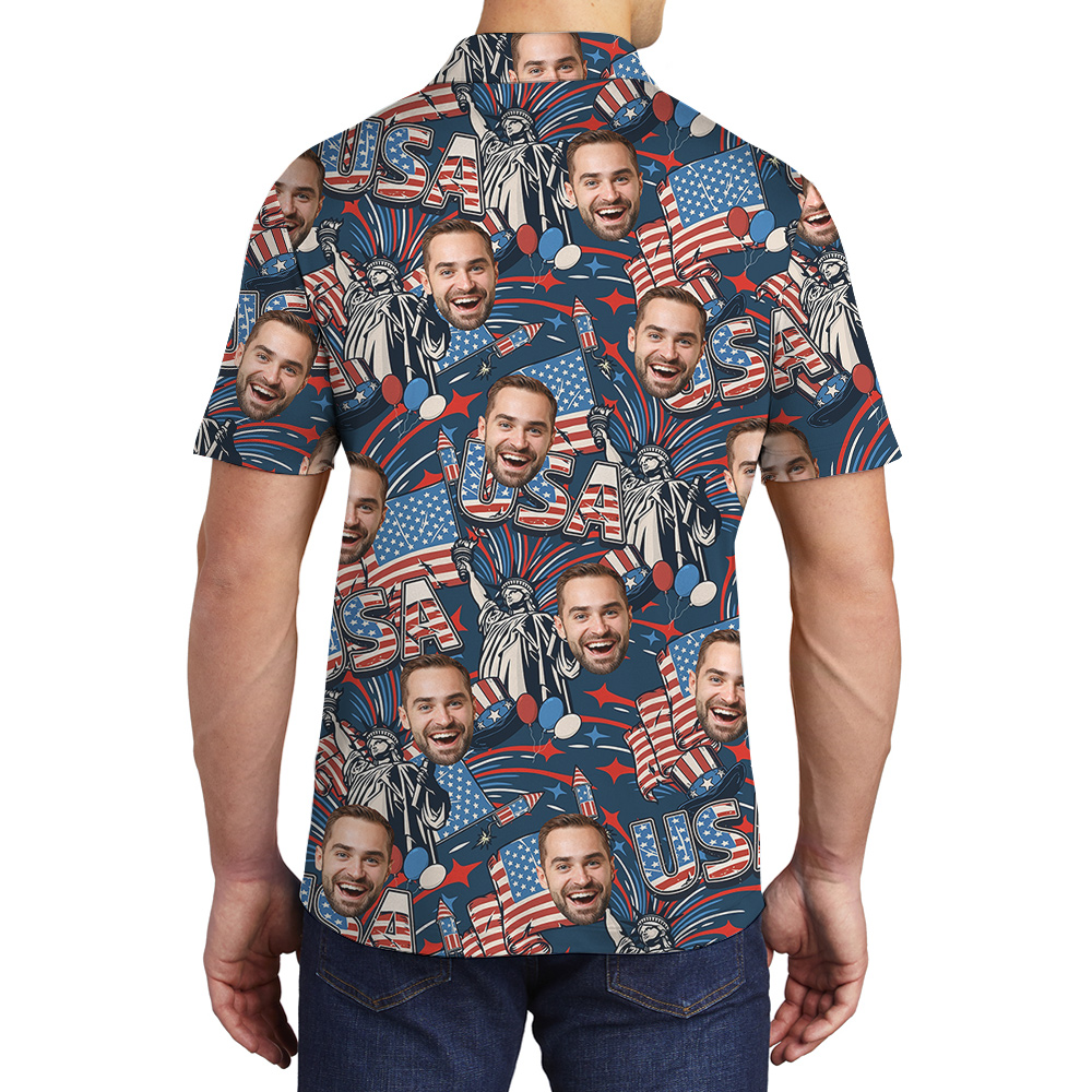 Custom 1-4 Faces America Independence Day Hula Men Polo Shirt