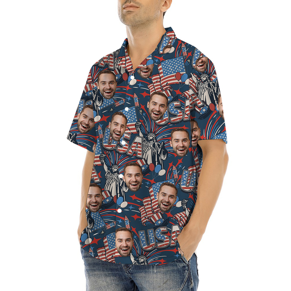 Custom 1-4 Faces America Independence Day Hawaiian Men Shirt