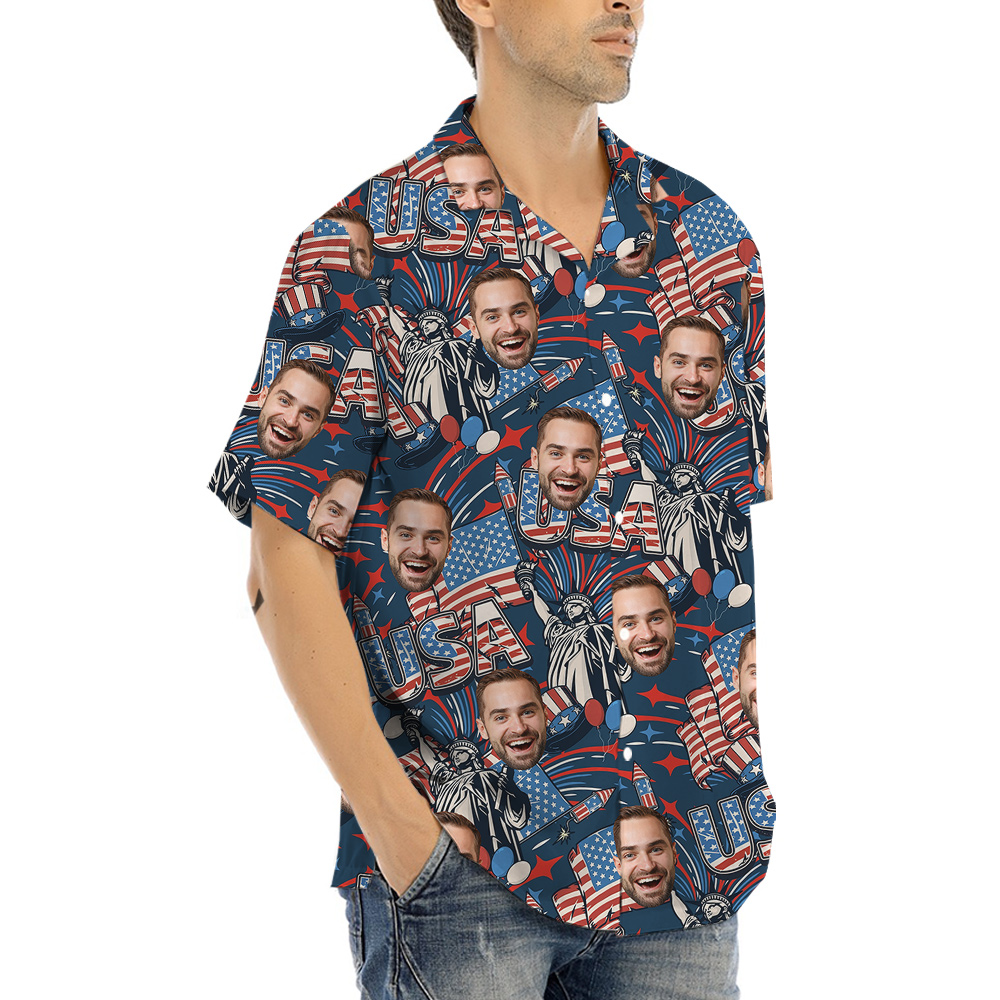 Custom 1-4 Faces America Independence Day Hawaiian Men Shirt