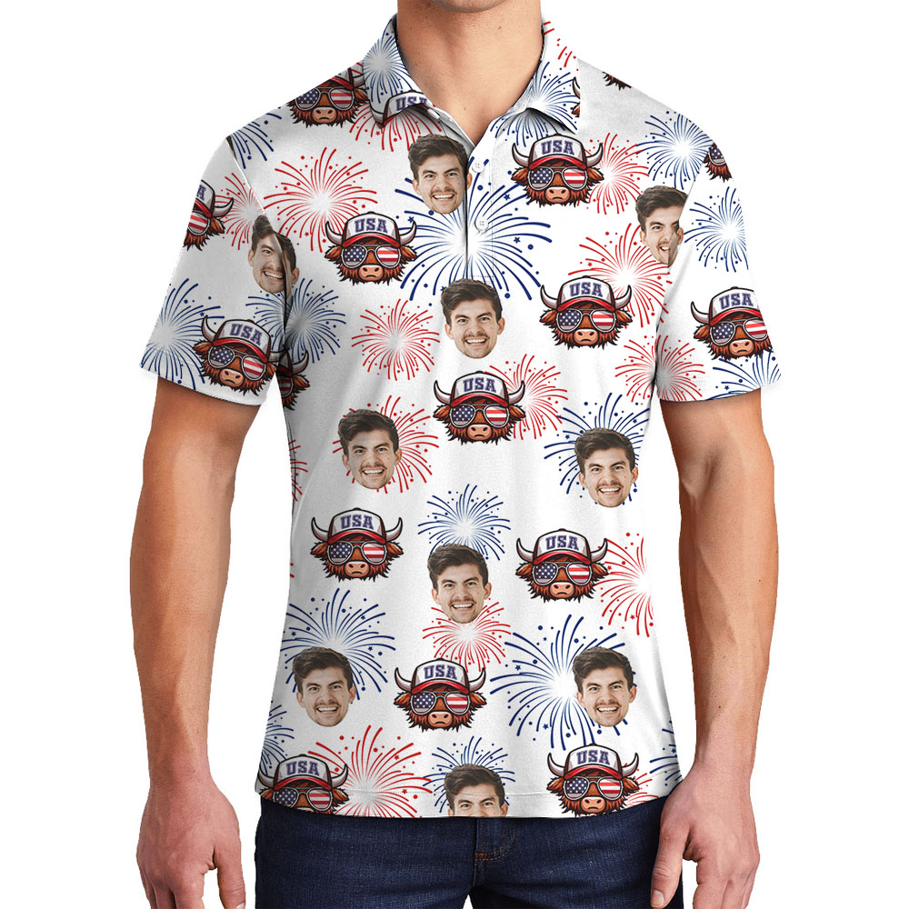 Custom Face 4th Of July Men's Polos With Cow Print - variant image 1