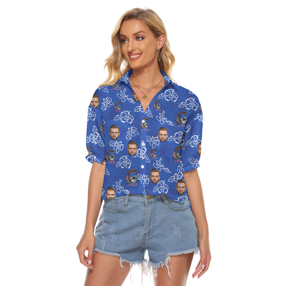 Custom Face Women's Hawaiian Shirts With Eagle Print Blue - variant image 1