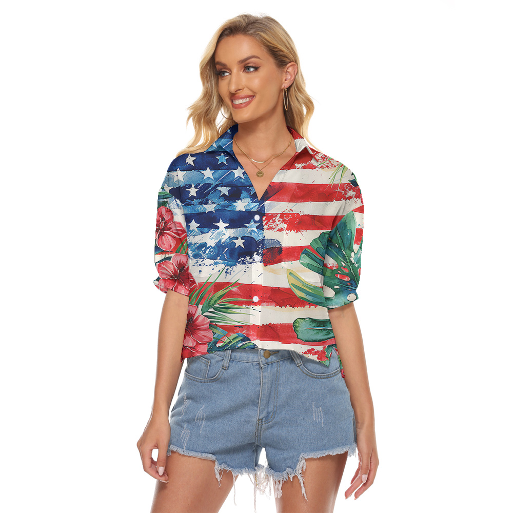 America Flag Hawaii Floral Leaves Cropped Shirt for Women - variant image 1
