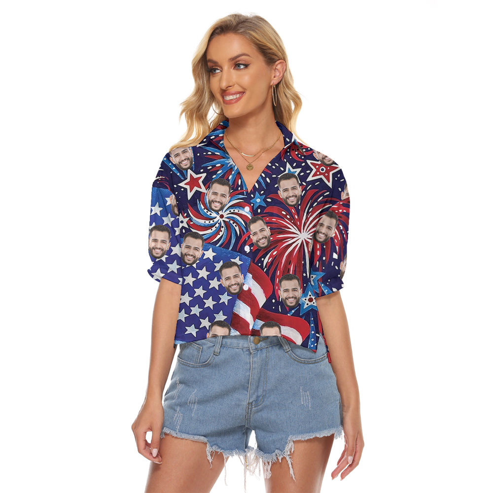 Custom 4th Of July Firework Women's Cropped Shirt With 1-4 Faces - variant image 1