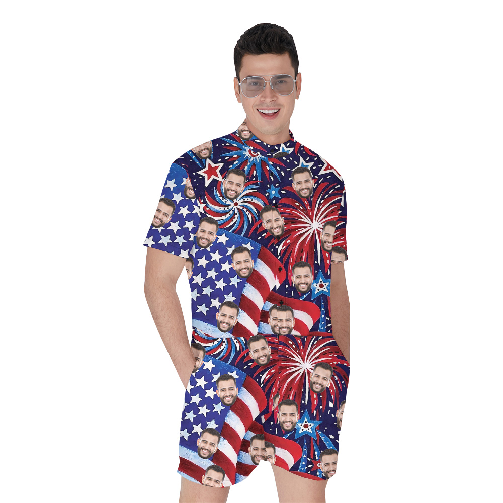 American Flag Firework Men's Hawaiian Romper With Custom Face - variant image 1