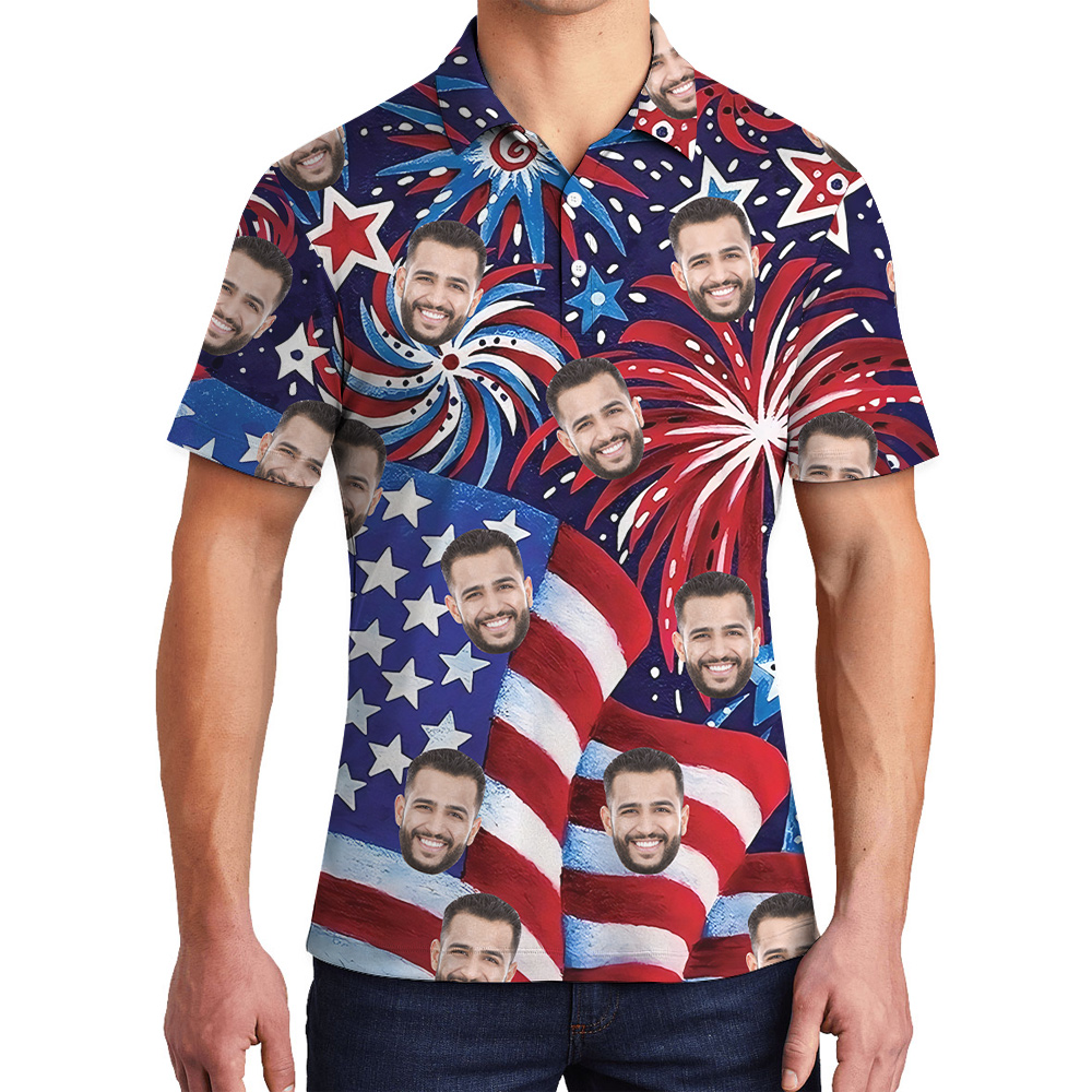 Custom Face American Flag Firework Hawaiian Polo Shirt For Men - variant image 1