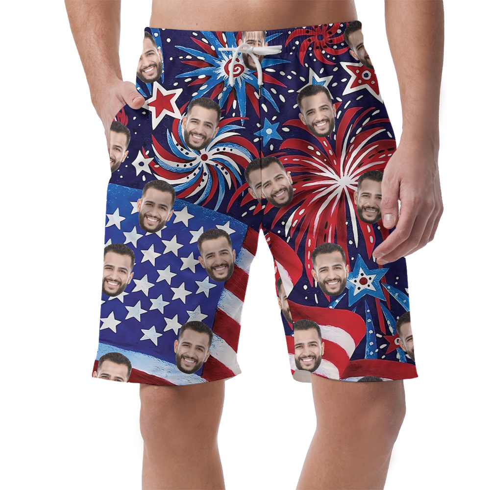 Funny Custom Face American Flag Firework Men's Hawaiian Beach Shorts - variant image 1