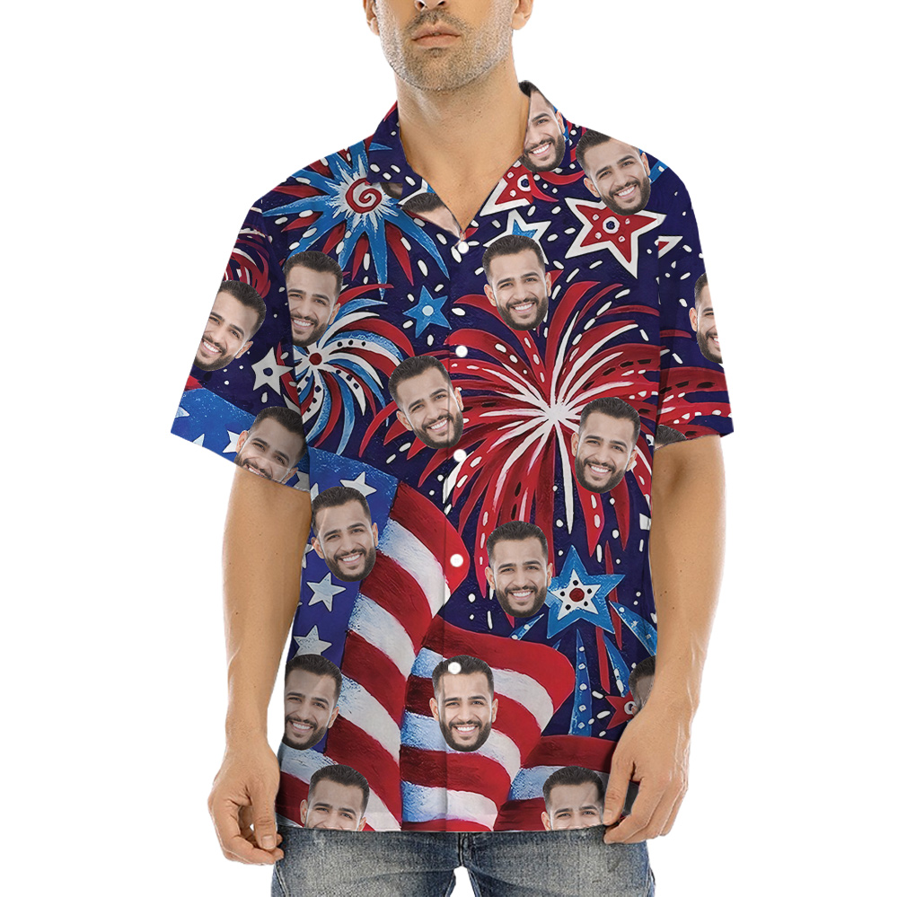 American Flag Firework Blue And Red Hawaiian Shirt With Custom 1-5 Faces - variant image 1