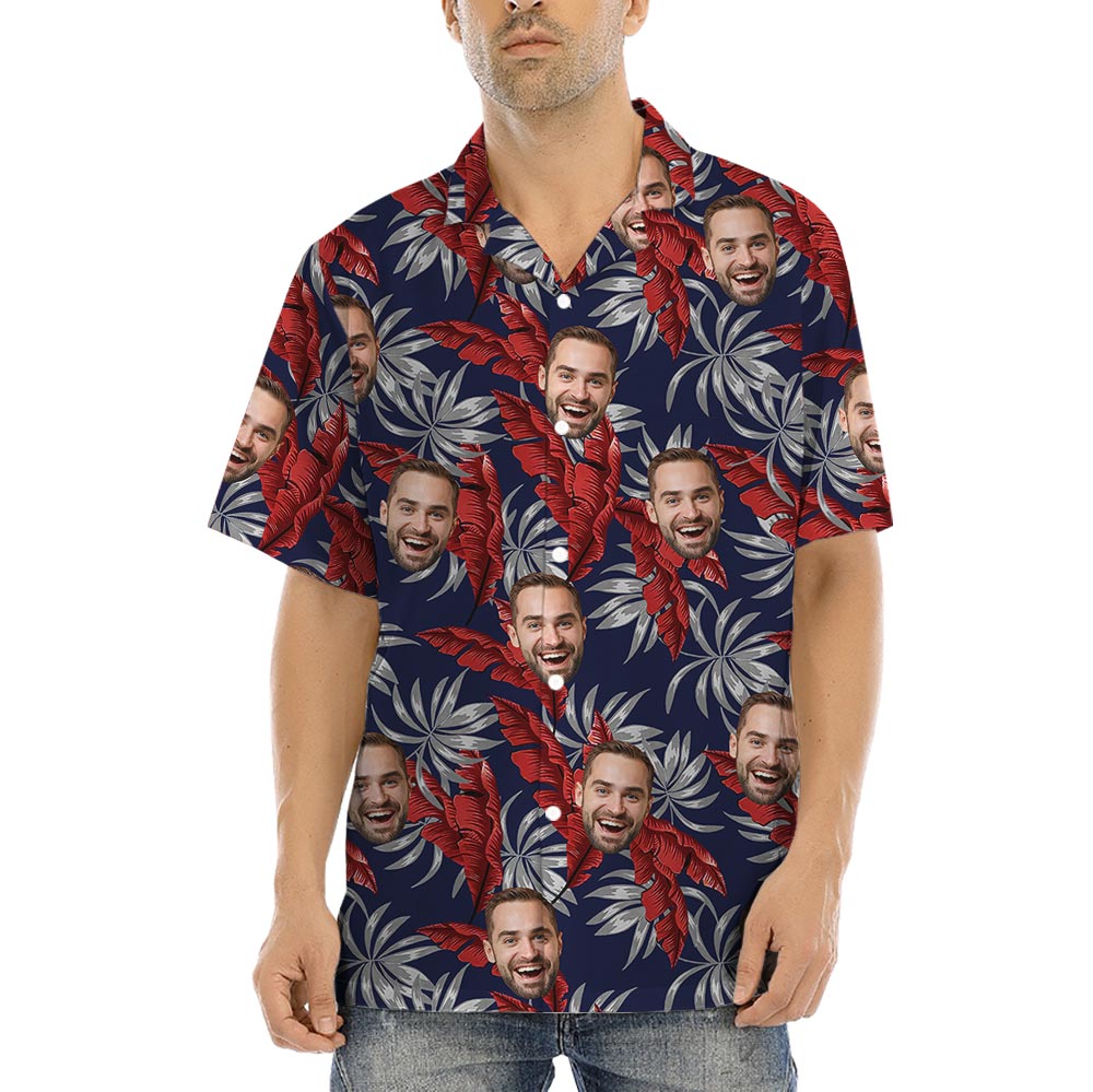 Navy Personalized Tropical Shirt With Photo Red Leaves - variant image 1