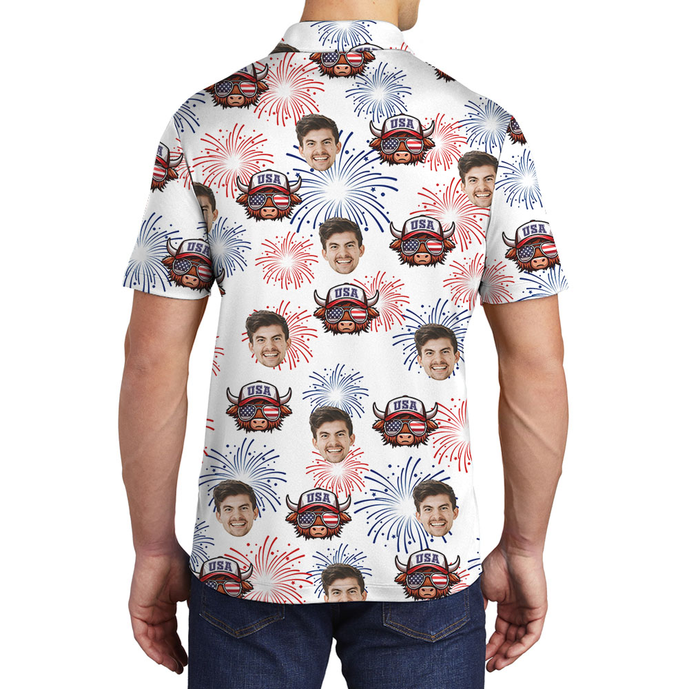 Custom Face 4th Of July Men's Polos With Cow Print