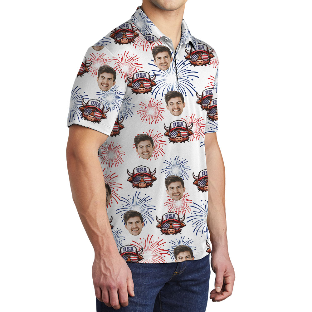 Custom Face 4th Of July Men's Polos With Cow Print