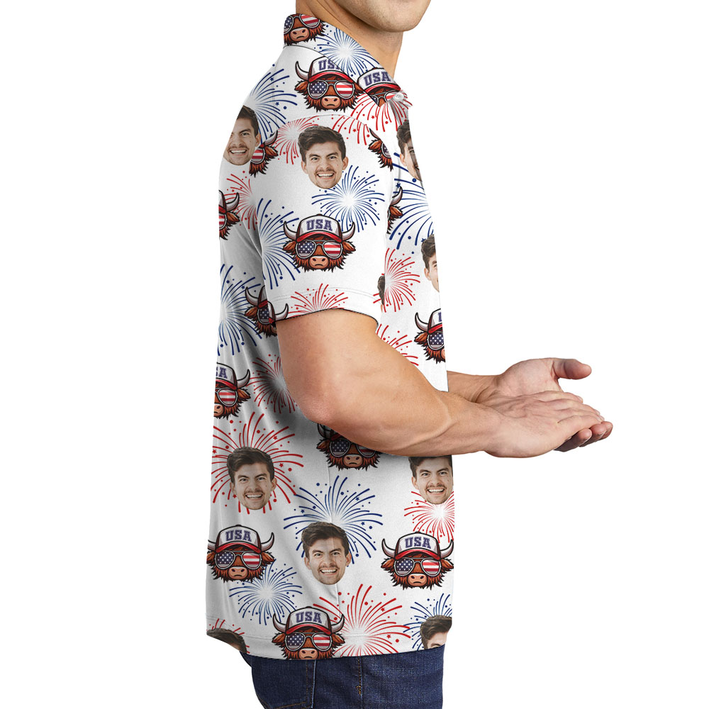 Custom Face 4th Of July Men's Polos With Cow Print